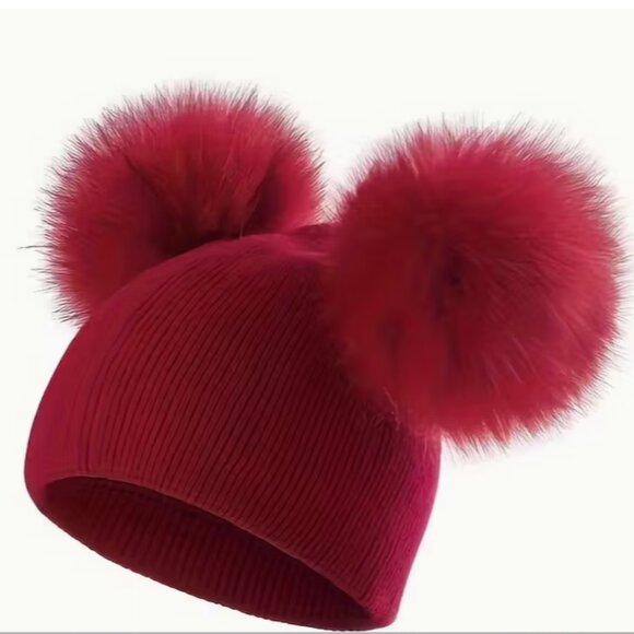 Thickened Warm Double Ball Beanie Hat - Red - Picture 1 of 1